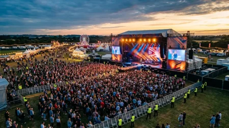 Vue aérienne d'un festival en plein air avec crash barrières et agents de sécurité devant une grande scène illuminée