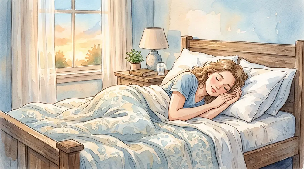 Personne endormie paisiblement dans son lit avec la lumière de l'aube filtrant par les rideaux