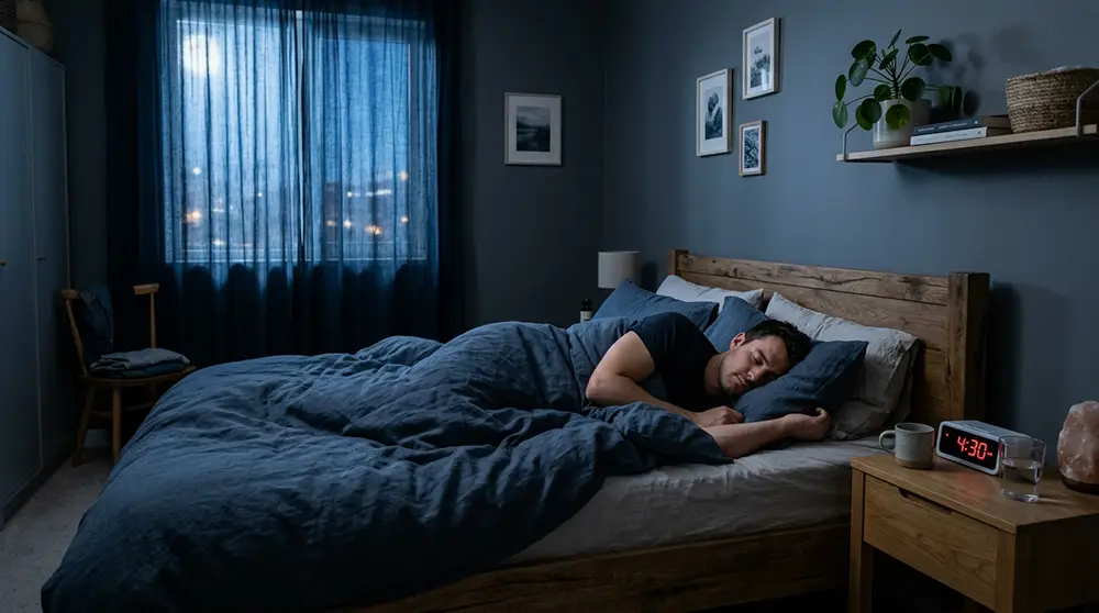 Homme dormant paisiblement illustrant le lien entre sommeil r&eacute;parateur et production de testost&eacute;rone