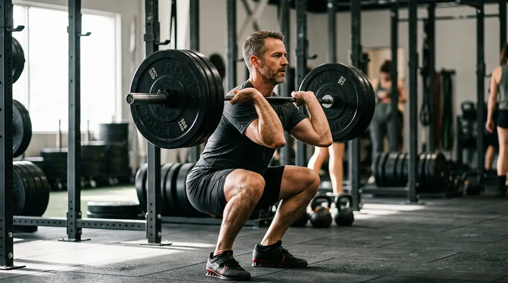 Homme de 40 ans r&eacute;alisant un squat avec barre en salle de musculation pour augmenter sa testost&eacute;rone