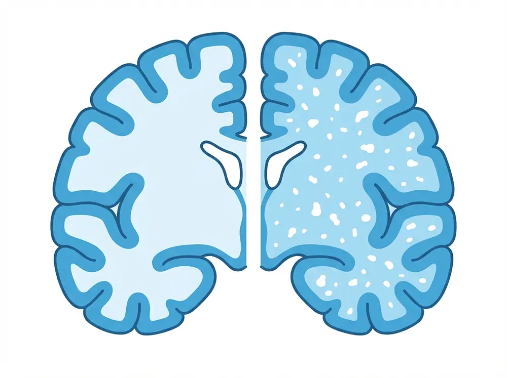 Comparaison entre un cerveau sain et un cerveau présentant une leucopathie vasculaire avec des lésions de la substance blanche