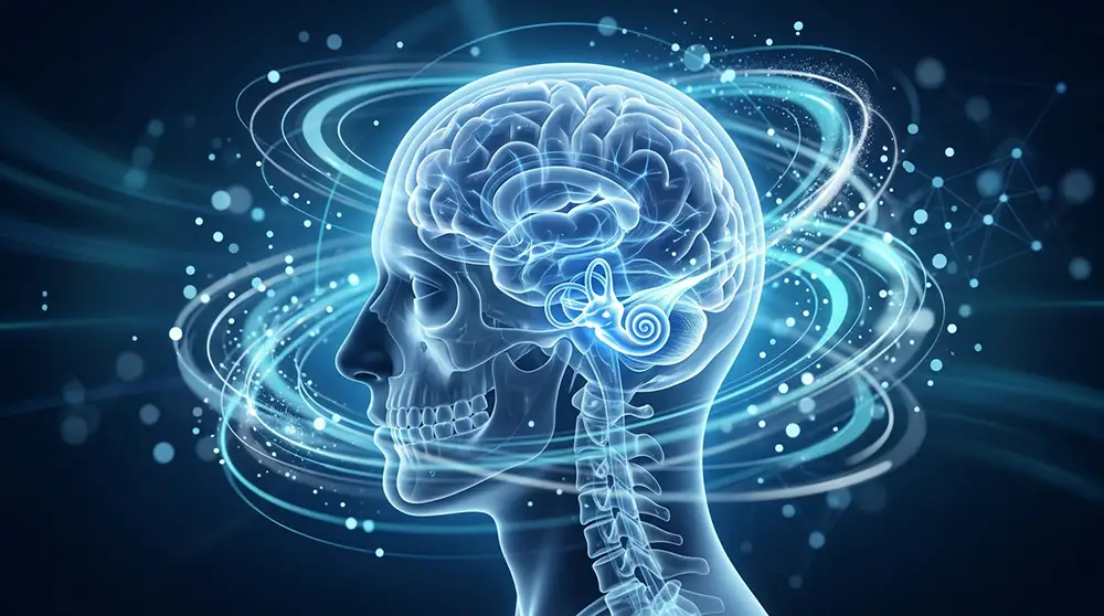 Illustration m&eacute;dicale montrant les m&eacute;canismes c&eacute;r&eacute;braux et vestibulaires des vertiges et &eacute;tourdissements