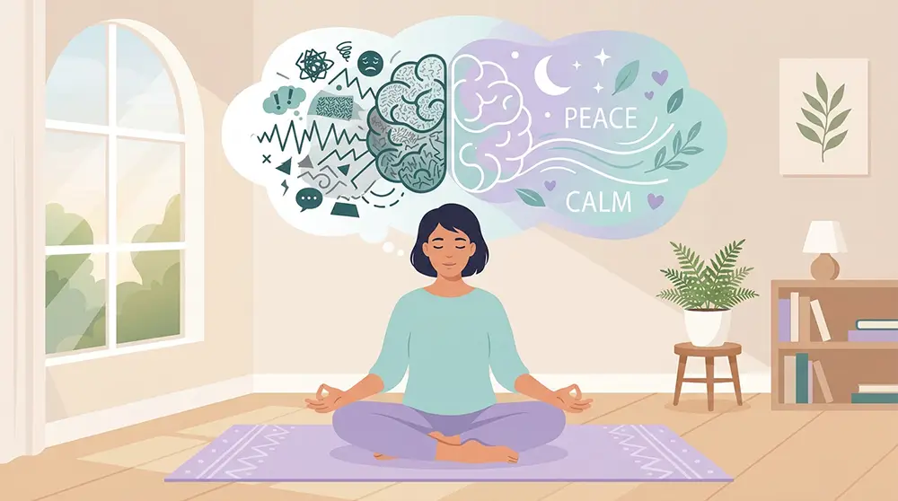 Personne pratiquant la m&eacute;ditation guid&eacute;e dans le cadre d'une th&eacute;rapie contre l'anxi&eacute;t&eacute; nocturne