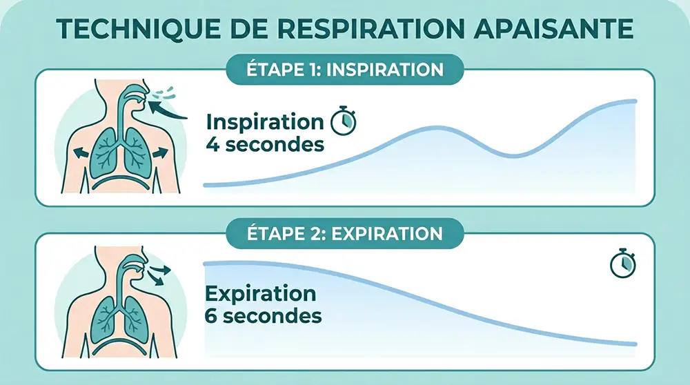 Infographie illustrant la technique de respiration 4-6 secondes pour calmer l'anxiété nocturne