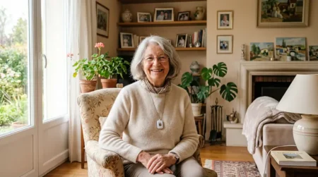 Téléassistance senior : le guide complet pour sécuriser votre proche à domicile Femme âgée souriante portant un médaillon de téléassistance dans son salon
