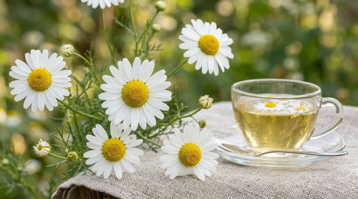 Tisane de camomille pour favoriser l'endormissement Fleurs de camomille fraîches et tasse d'infusion de camomille pour mieux dormir