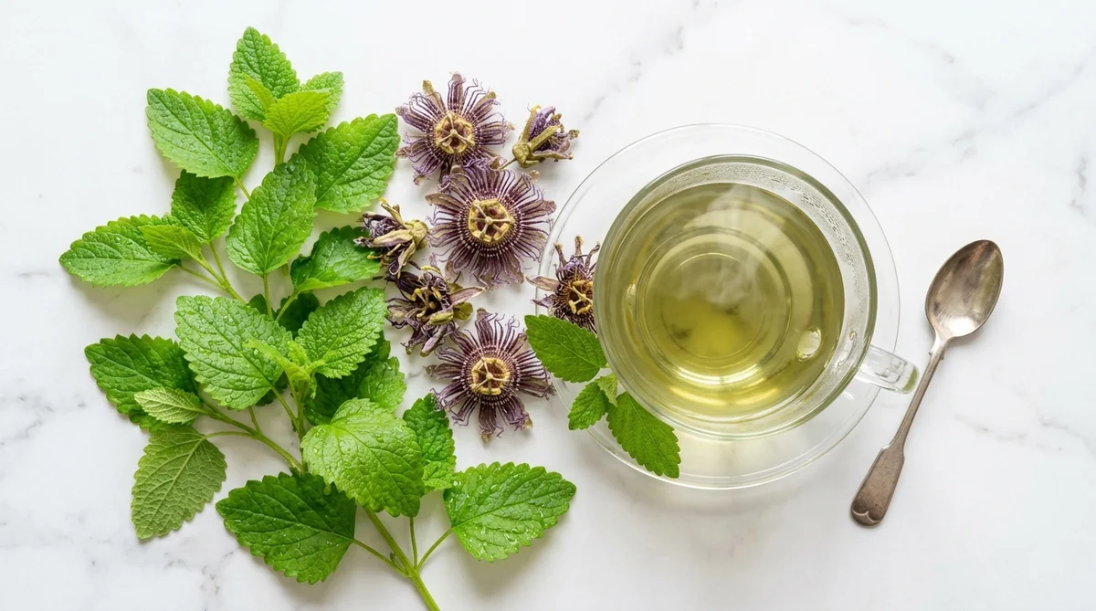 Mélisse et passiflore en infusion pour un sommeil réparateur Feuilles de mélisse fraîches et fleurs de passiflore séchées pour une tisane relaxante favorisant le sommeil