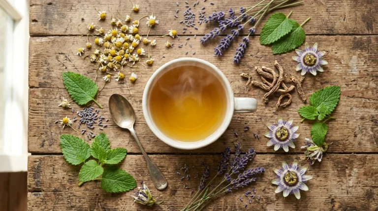 Tisane pour mieux dormir : laquelle choisir vraiment ? Tasse de tisane pour mieux dormir entourée de plantes médicinales séchées : camomille, lavande, mélisse et valériane