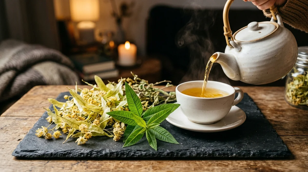 Infusion de tilleul et verveine pour bien dormir le soir Fleurs de tilleul séchées et feuilles de verveine pour une tisane apaisante contre les troubles du sommeil