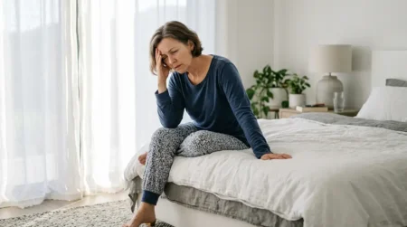 Femme assise au bord du lit se tenant la tête souffrant de vertiges en se levant le matin