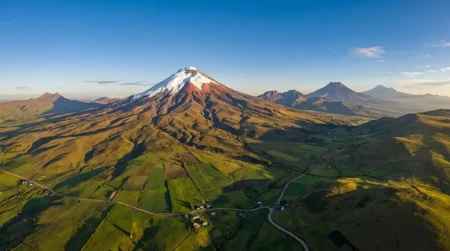 Voyage Équateur : une semaine dans le pays des quatre mondes Vue panoramique de l'Avenue des Volcans en Équateur avec le volcan Cotopaxi enneigé