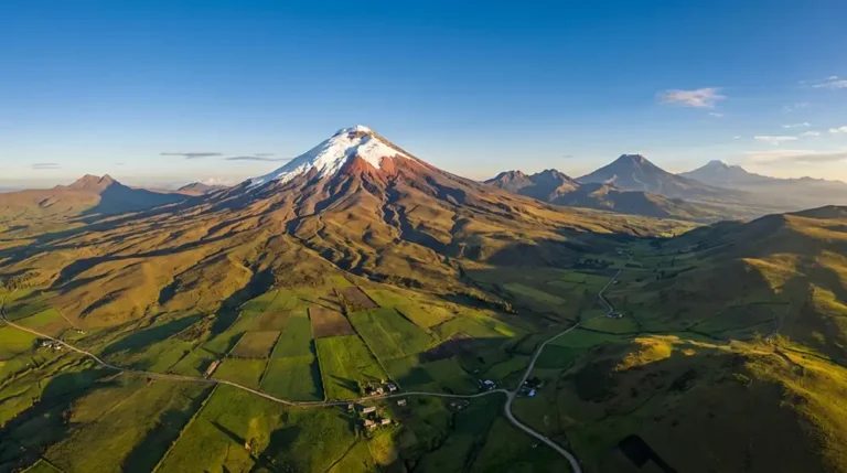 Vue panoramique de l'Avenue des Volcans en Équateur avec le volcan Cotopaxi enneigé