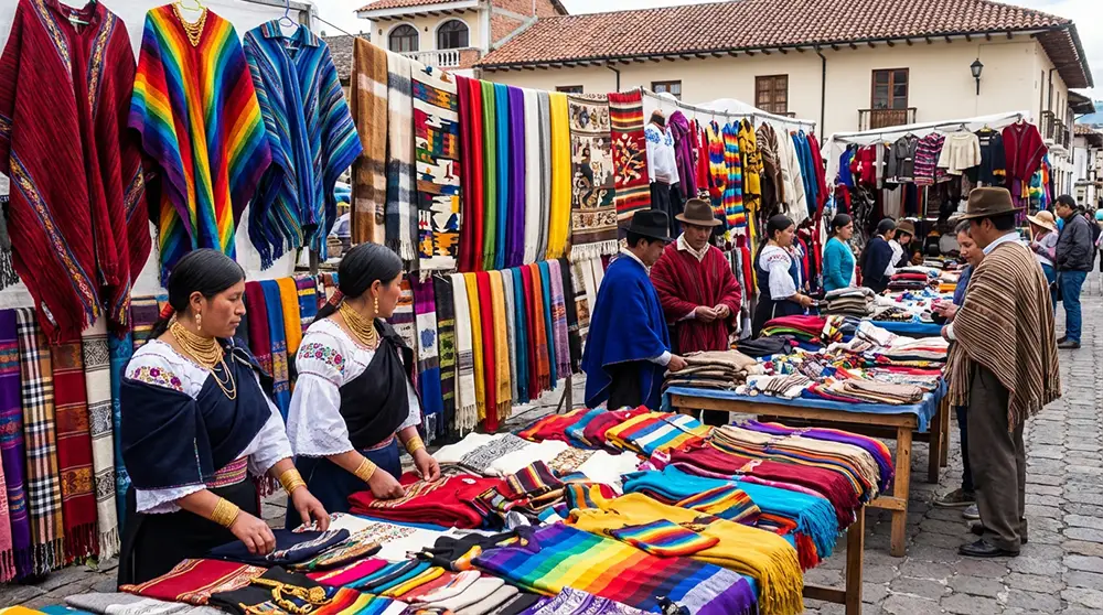 &Eacute;tals color&eacute;s de textiles andins au march&eacute; indig&egrave;ne d'Otavalo en &Eacute;quateur