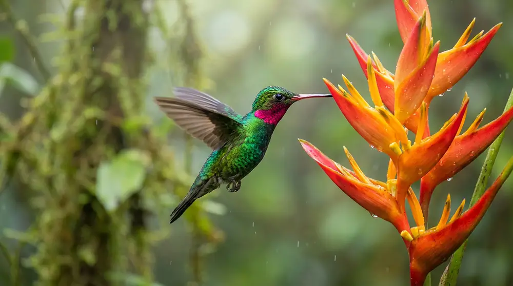 Colibri aux couleurs iris&eacute;es en vol dans la for&ecirc;t nuageuse de Mindo en &Eacute;quateur