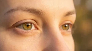 Gros plan sur des yeux hazel aux nuances ambrées et vertes en lumière naturelle