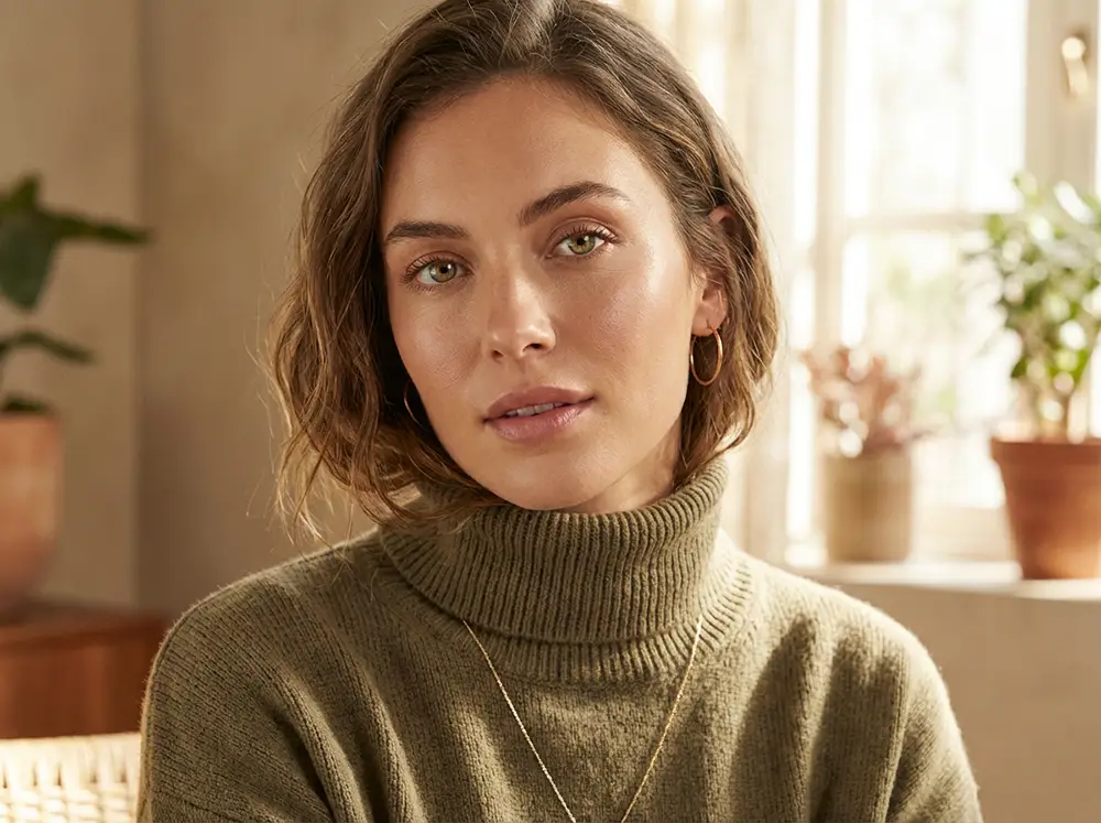 Portrait d'une femme aux yeux hazel portant un pull kaki vert qui fait ressortir les reflets verts de l'iris