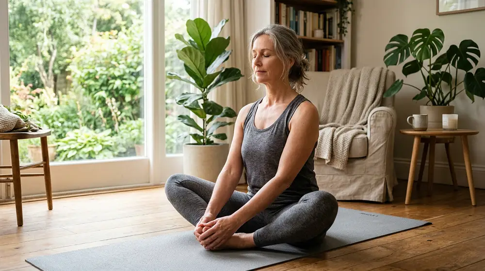 Femme de 50 ans qui pratique le yoga à domicile pour améliorer sa souplesse