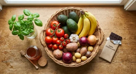 Panier de fruits et légumes posé sur un plan de travail, aliments à ne jamais conserver au réfrigérateur