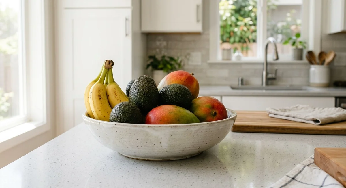 Avocats, bananes et mangues pos&eacute;s dans un compotier &agrave; temp&eacute;rature ambiante