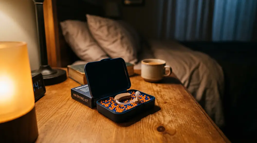 Appareil auditif rangé dans une boîte déshumidificatrice sur une table de nuit