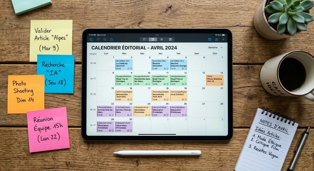 Calendrier &eacute;ditorial num&eacute;rique affich&eacute; sur tablette pour planifier plusieurs blogs