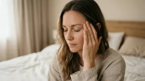 Femme souffrant d'une crise de migraine, main sur la tempe