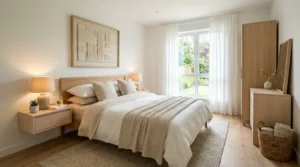 Chambre d'amis lumineuse et confortable avec lit double en linge blanc