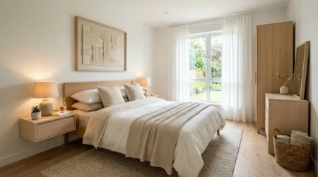 Chambre d'amis lumineuse et confortable avec lit double en linge blanc