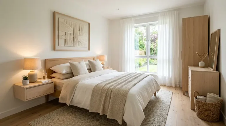 Chambre d'amis lumineuse et confortable avec lit double en linge blanc