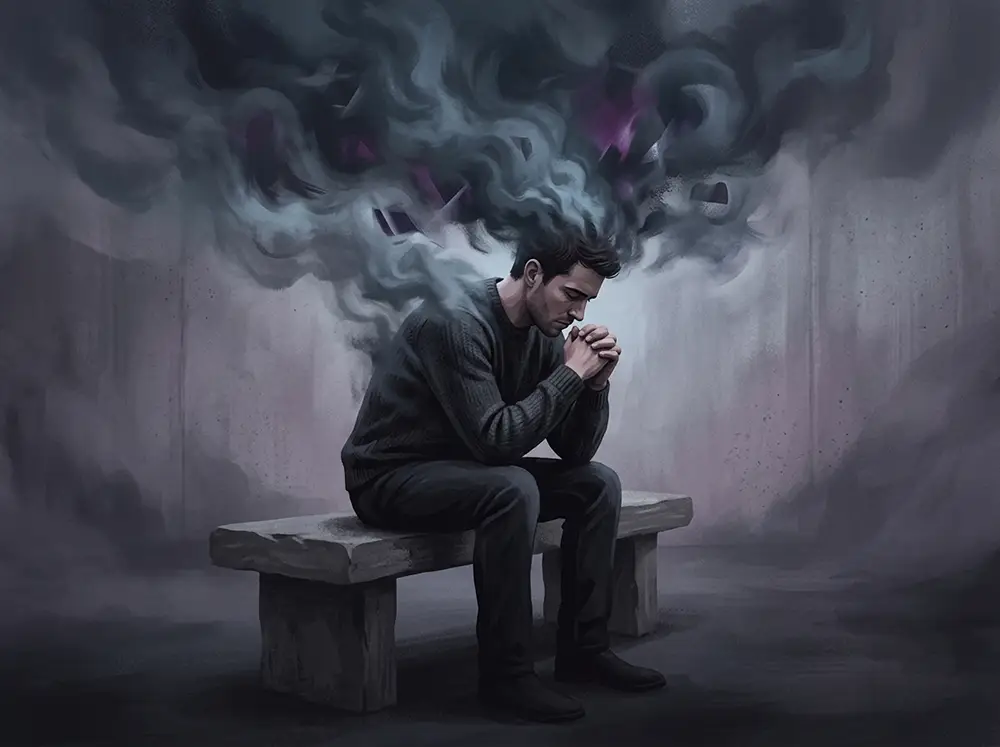 Personne isol&eacute;e avec des &eacute;motions r&eacute;prim&eacute;es repr&eacute;sent&eacute;es par un orage int&eacute;rieur sous un d&ocirc;me de verre