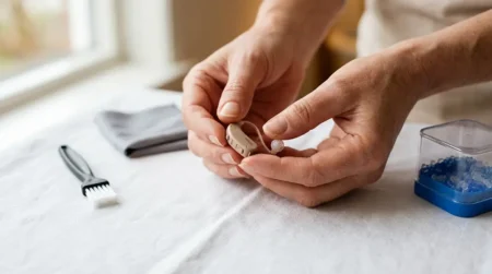 Entretien des appareils auditifs : les erreurs que tout le monde fait (et comment les corriger) Mains tenant un appareil auditif contour d'oreille avec brosse et chiffon de nettoyage