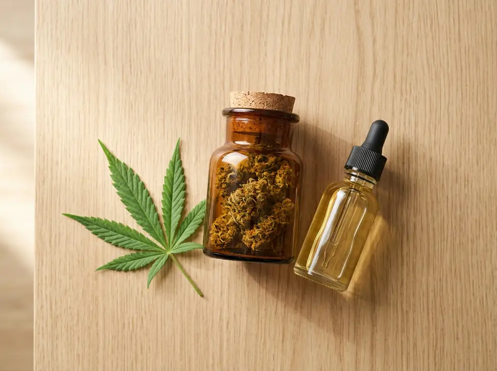 Fleur de CBD sans THC et huile de CBD sur fond en bois naturel