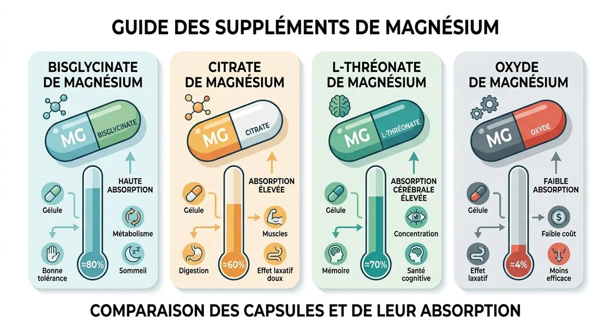 Comparatif visuel des formes de magnésium bisglycinate citrate L-thréonate et leur absorption