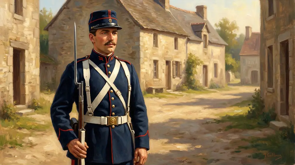 Illustration d'un gendarme d&eacute;partemental en uniforme bleu &agrave; passepoil &eacute;carlate et k&eacute;pi au XIXe si&egrave;cle