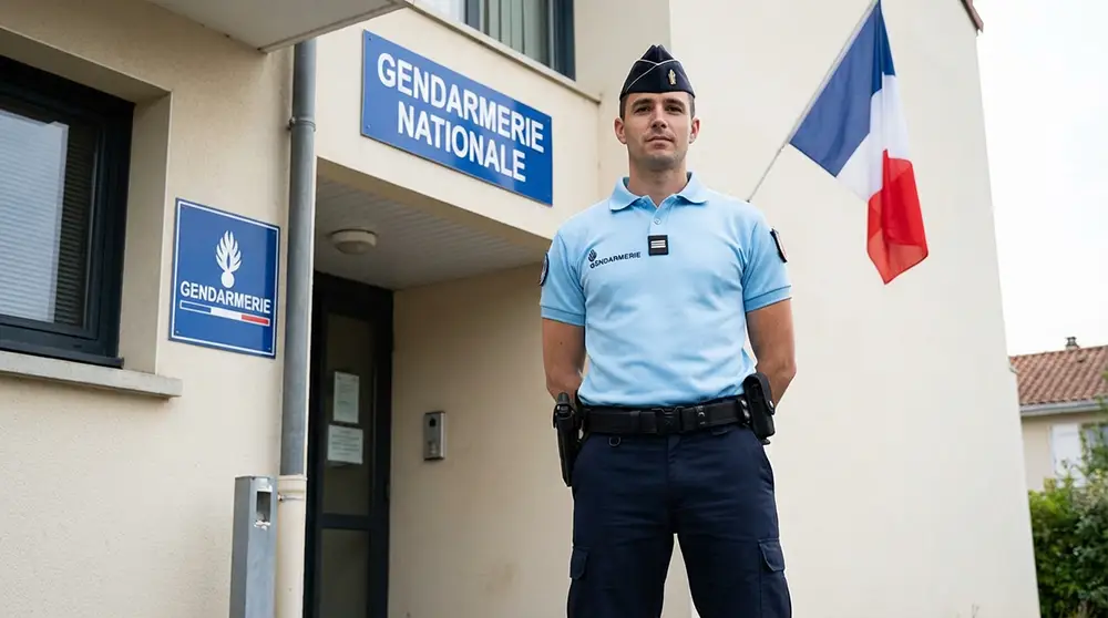 Gendarme fran&ccedil;ais en tenue op&eacute;rationnelle moderne avec polo bleu ciel, marquage gendarmerie et casquette r&eacute;glementaire