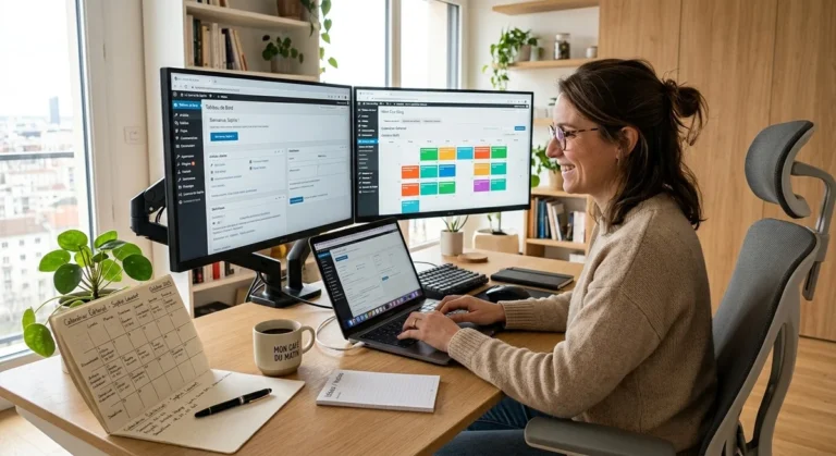 Blogueur gérant plusieurs blogs avec un calendrier éditorial sur ordinateur