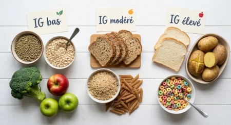 tableau illustrant l'index glycémique des aliments avec des exemples de glucides lents et rapides