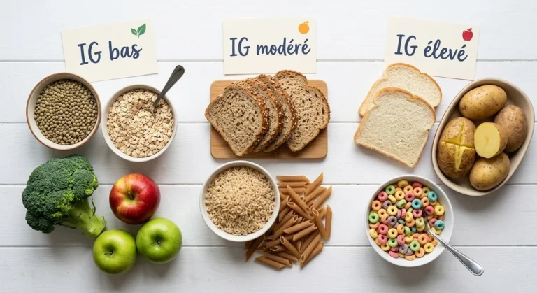 Index glycémique des aliments : guide pratique pour manger sans pic de glycémie tableau illustrant l'index glycémique des aliments avec des exemples de glucides lents et rapides
