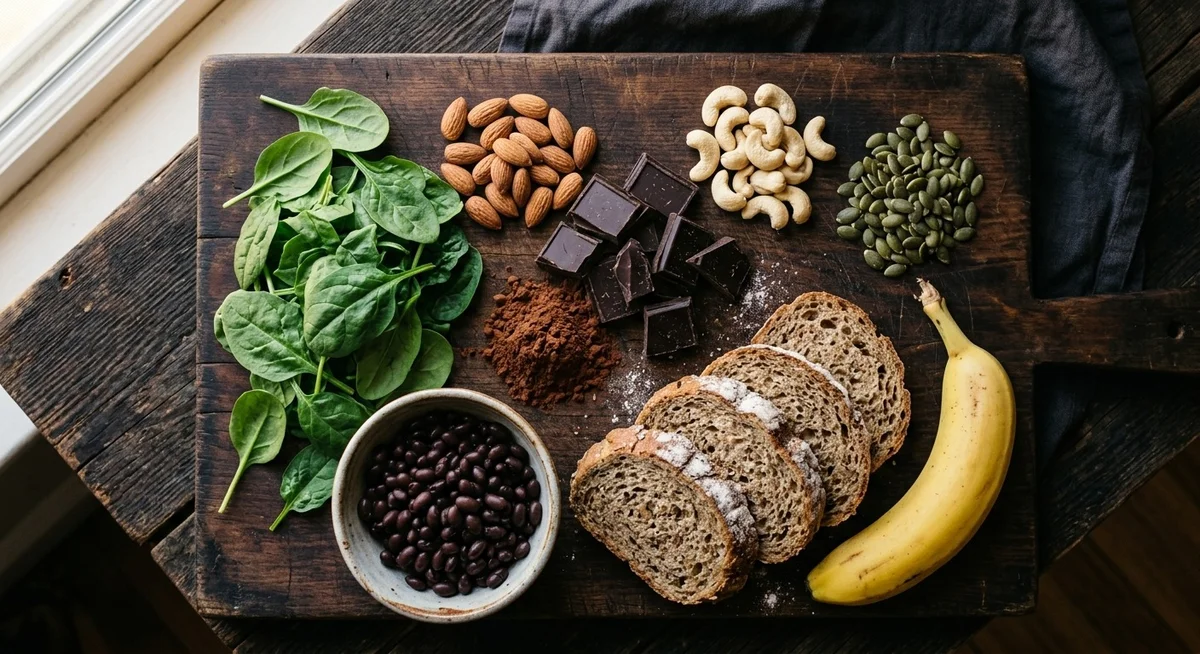 Aliments naturels riches en magnésium : amandes noix chocolat noir légumes verts céréales complètes