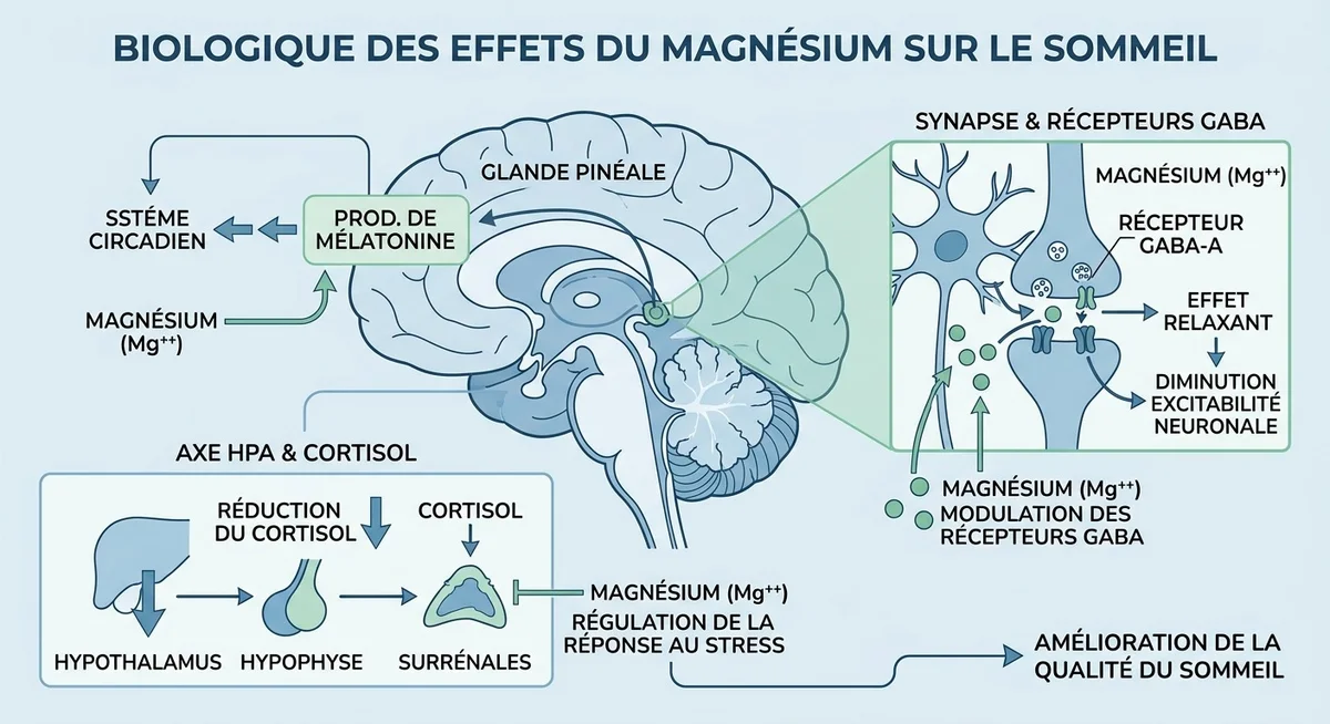 Illustration des mécanismes biologiques du magnésium sur le sommeil, neurotransmetteurs GABA et mélatonine