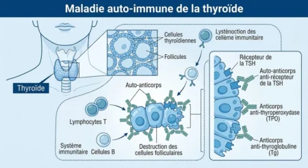 Illustration médicale de la maladie d'Hashimoto montrant la glande thyroïde attaquée par le système immunitaire