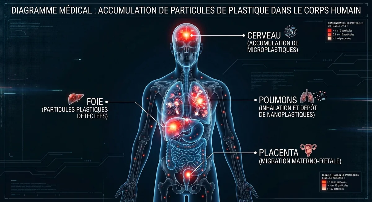 Schéma médical montrant l'accumulation de microplastiques dans le cerveau, le foie et les poumons