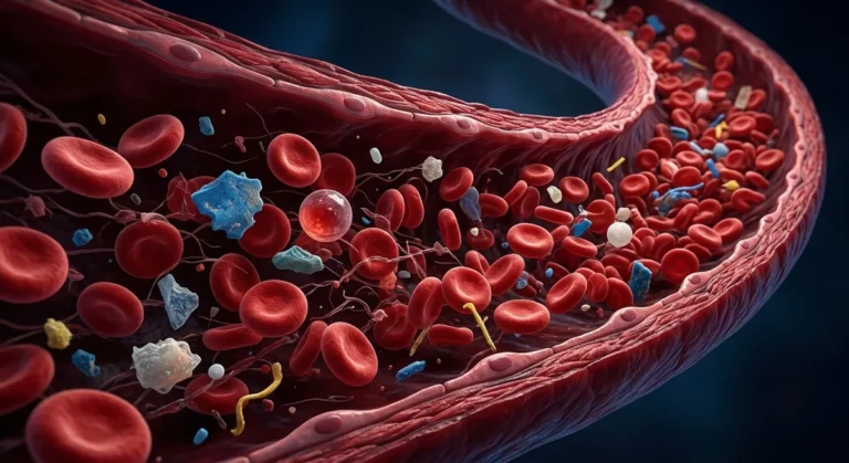 Illustration scientifique de microplastiques détectés dans le sang humain