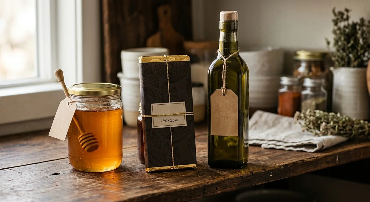 Pot de miel, tablette de chocolat et bouteille d'huile d'olive rang&eacute;s dans un placard, pas au r&eacute;frig&eacute;rateur