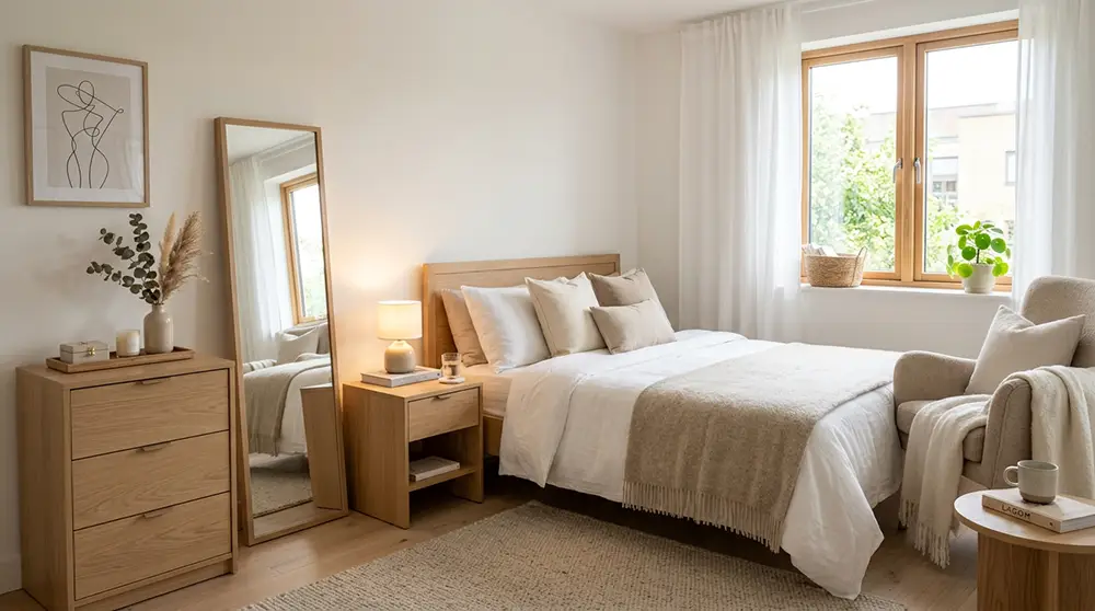 Chambre d'amis polyvalente avec commode, miroir et fauteuil style scandinave