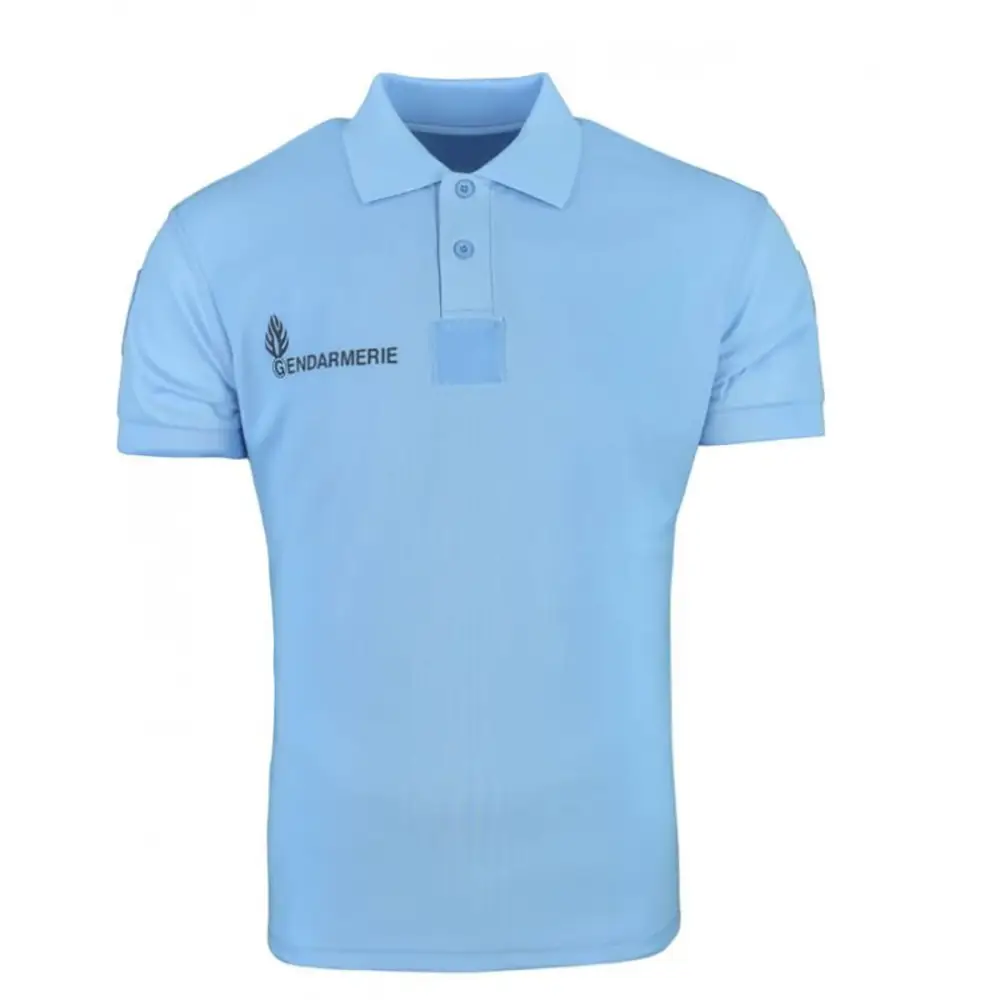 Polo de gendarmerie en polyester technique Cooldry bleu ciel avec marquages silicone GENDARMERIE et bandes Velcro pour grades