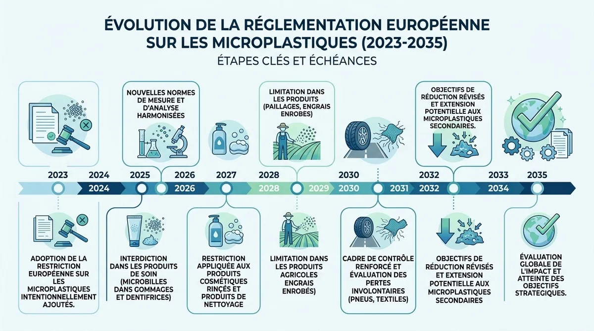 Frise chronologique de la réglementation européenne sur les microplastiques entre 2023 et 2035