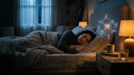 Personne endormie paisiblement avec une représentation visuelle du magnésium et du sommeil