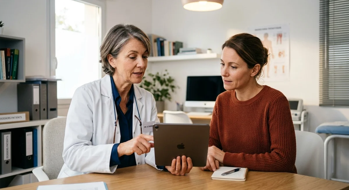 Patient en consultation avec un endocrinologue pour le suivi de la maladie d'Hashimoto et contr&ocirc;le de la TSH