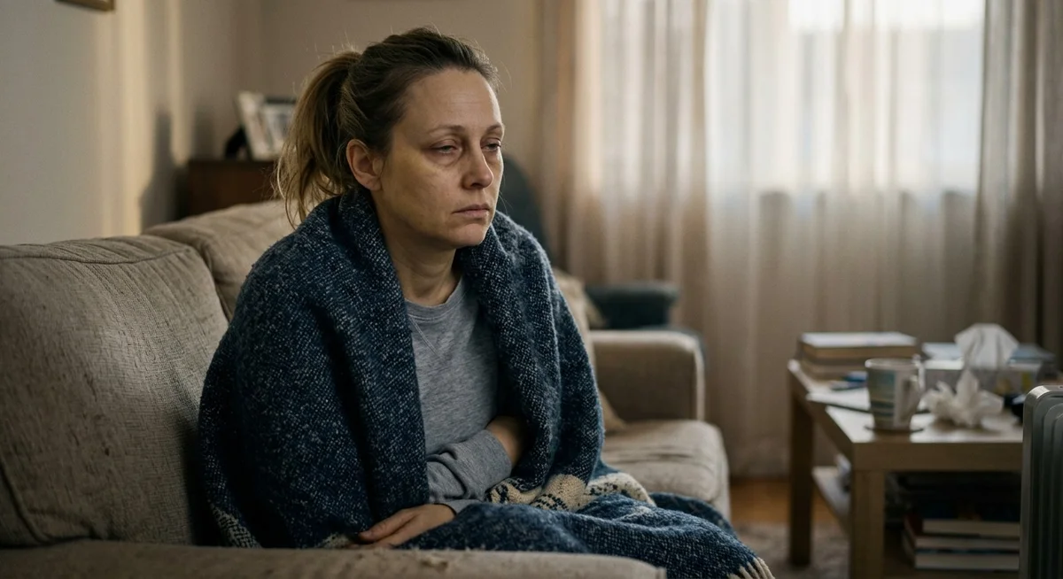 Femme fatigu&eacute;e avec sympt&ocirc;mes d'hypothyro&iuml;die : fatigue, prise de poids, frilosit&eacute;, perte de cheveux